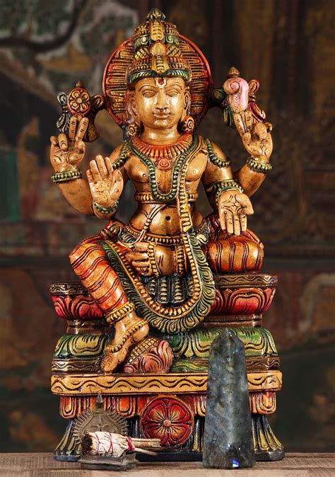 SOLD Wooden Sculpture of Vishnu the Preserver 24" (#94w9am): Lotus Sculpture