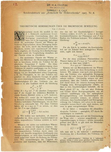 An Einstein offprint on Brownian motion: Hans Albert Einstein's copy, Albert Einstein. 1907 ...