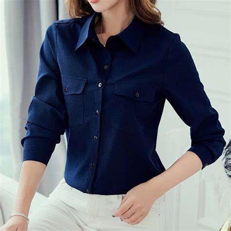 Office Work Shirts Elegant Ladies Button Tops 2019 Spring Summer New Slim Women Solid Long ...