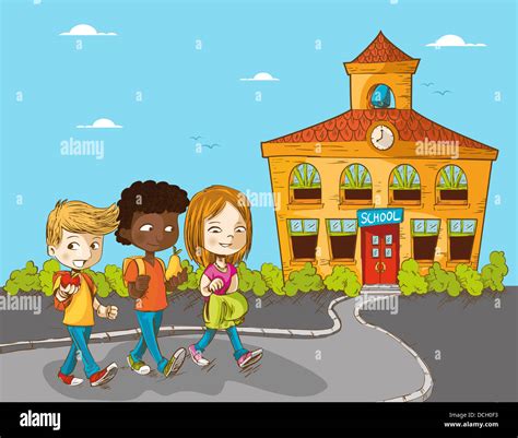 Back to school cartoon kids walking to school education illustration. Vector layered for easy ...