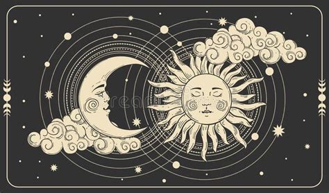 Sun and a crescent moon with a face on a black cosmic background. Tarot card, concept of ...