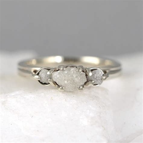 14K White Gold Raw Diamond Trio Ring - 3 Diamond Engagement Ring - April Birthstone Rings ...