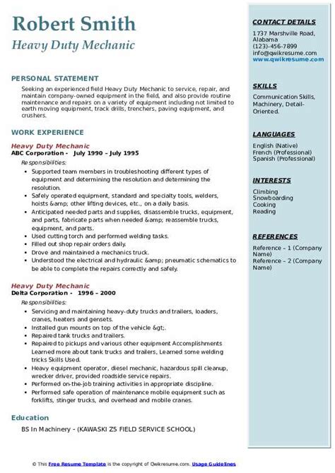 Heavy Duty Mechanic Resume Samples | QwikResume