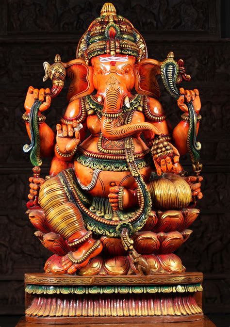 SOLD Large Wood Ganesh Statue Eating Laddus 48" (#122w2a): Lotus Sculpture