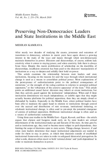 (PDF) "Preserving Non-Democracies: Leaders and Institutions in the Middle East" | Mehran Kamrava ...