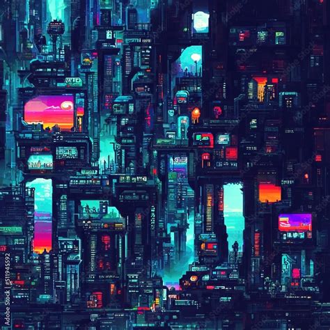 Cyberpunk city street. Sci-fi wallpaper. Futuristic city scene in a style of pixel art. 80's ...