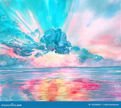 Watercolor Seascape, Beautiful Sunrise, Sunset. Stock Image - Image of ocean, blue: 159268043