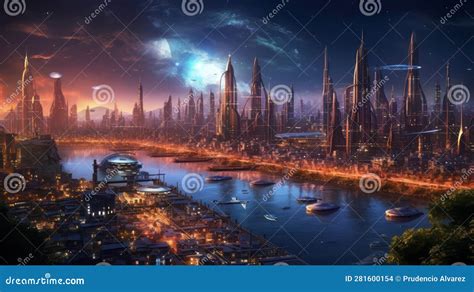 Futuristic city landscape stock illustration. Illustration of cityscape - 281600154