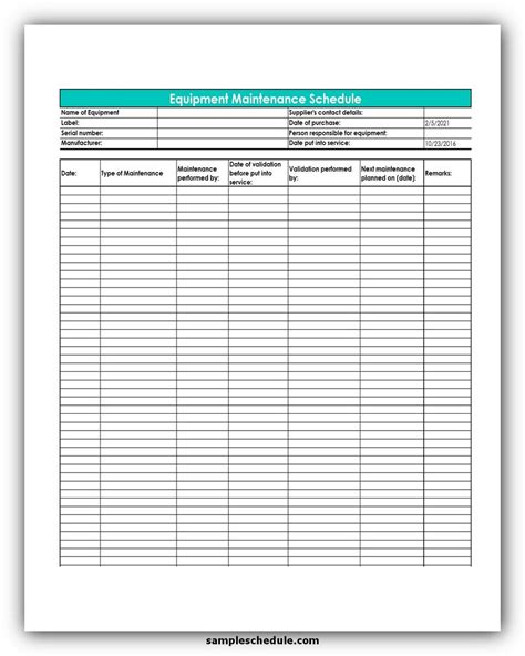 5 Free Equipment Maintenance Schedule Template Excel - sample schedule