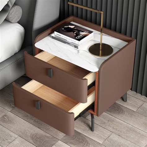 Brown Modern Nightstand with 2 Drawers Bedroom Nightstand Faux Marble Top | Homary