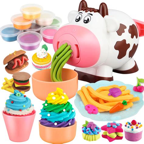 2 in 1 Cute Cow Playdough Tools Set Dough Pasta Maker Machine Ice Cream Maker with 8 Colors Non ...