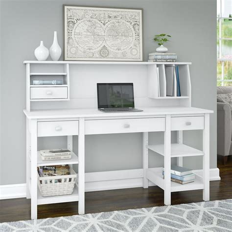 Bush Furniture Broadview 60W Desk with Storage Shelves and Small Hutch Organizer in White ...