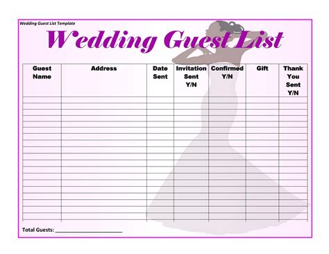 Free Printable Wedding Guest List Template