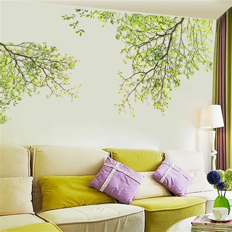 Green Leaves Tree Branches Wall Decals TV Background Living Room Bedroom Wall Decor Graphic ...