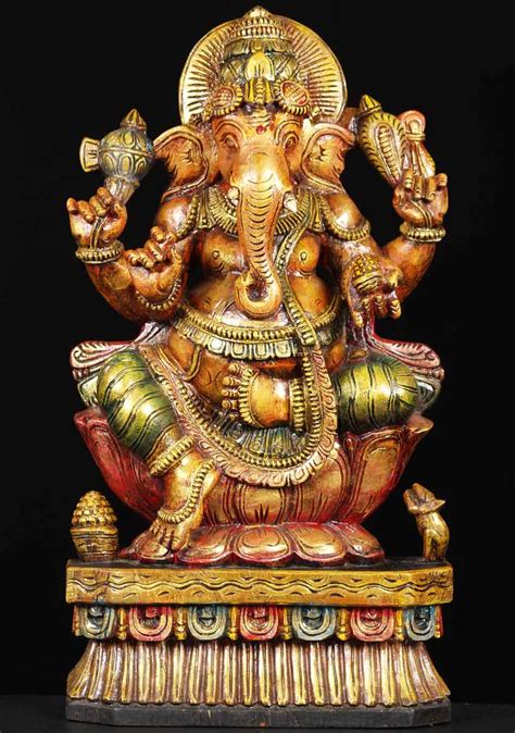 SOLD Wood Hindu God Ganesh Statue 24" (#65w13f): Lotus Sculpture