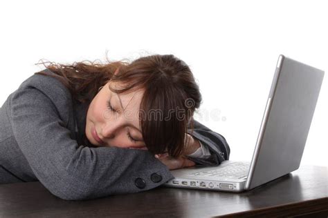 Tired Woman Sleeping with Laptop Stock Image - Image of female, brunette: 15009315