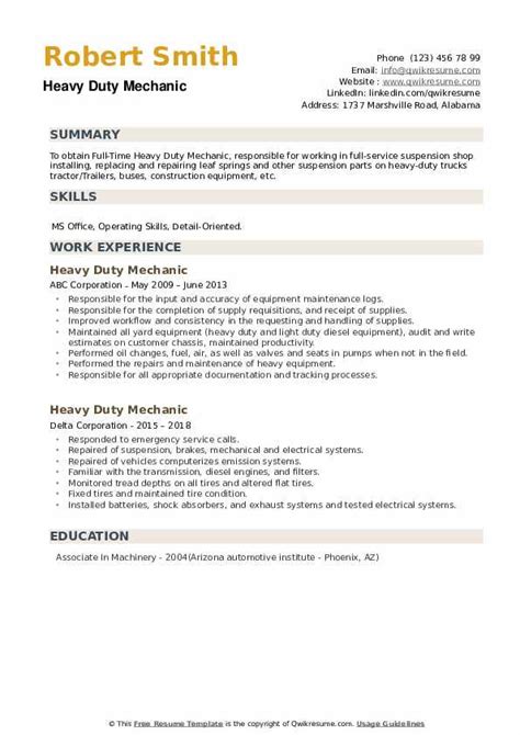 Heavy Duty Mechanic Apprentice Resume Sample