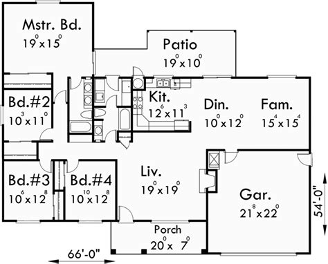 One Story House Plans, Ranch House Plans, 4 Bedroom House Plans,