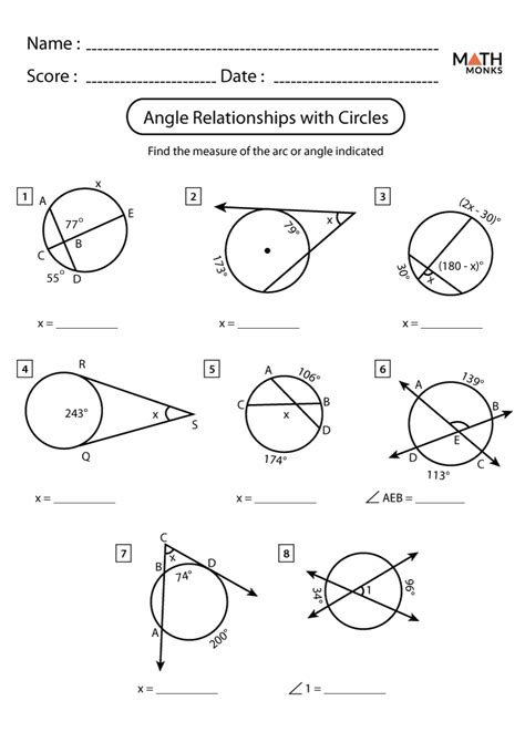 Angles In A Circle Worksheets