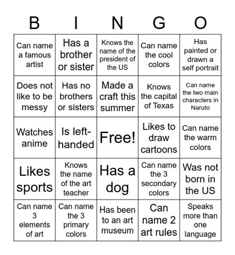 Art Bingo Card