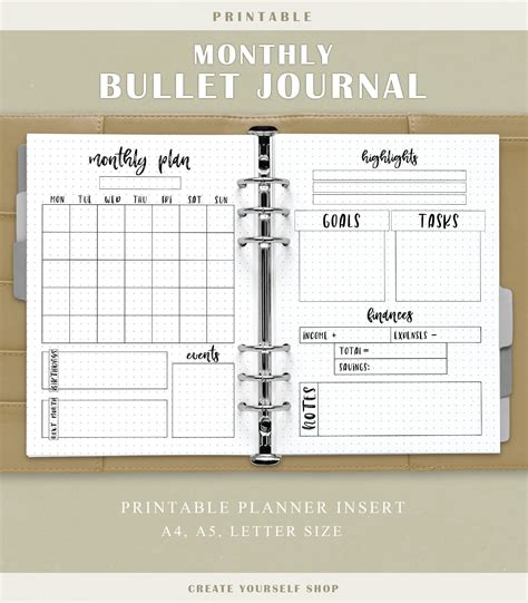 Monthly bullet journal printable planner insert dot | Etsy