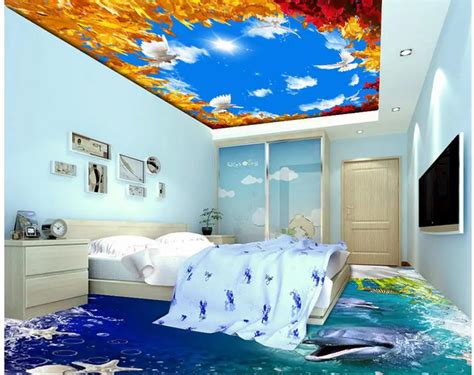 3d ceiling murals wallpaper sky ceiling wallpaper Golden leaf blue sky white clouds pigeon ...