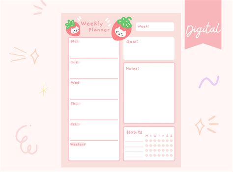 Strawberry Weekly Planner Printable, Download and Print at Home, Cute Weekly Planner - Etsy ...