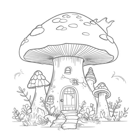 Coloring Page Of A Mushroom House And Mushrooms Outline Sketch Drawing Vector, Mushroom Drawing ...