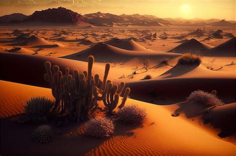 Premium AI Image | A desert scene with a sunset in the background