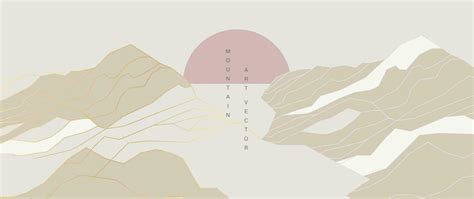 Mountain line art wallpaper. Contour drawing luxury scenic landscape, hills, sun. Panorama view ...