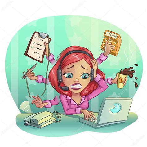 Business cartoon woman hard working in office. Many tasks concept, Vector illustration clip art ...