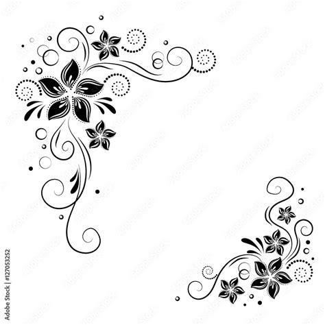 Floral corner design. Ornament black flowers on white background - vector stock. Decorative ...