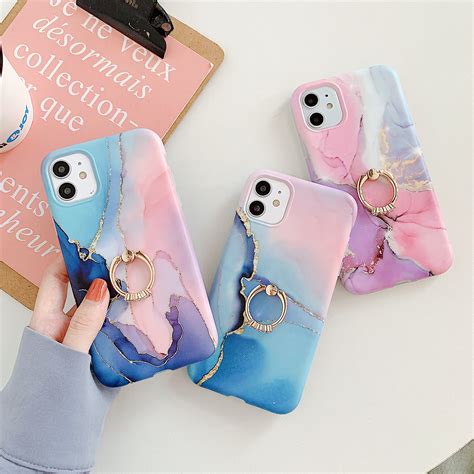 Marble Cases For IPhone 11 Pro 7 8 Plus X XR XS Max SE 2020 Case Ring Bracket Soft Silicone ...