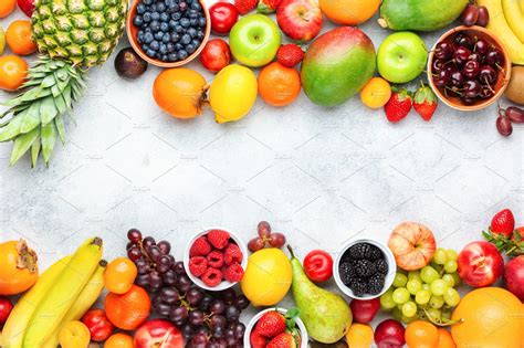 Rainbow fruits background featuring top view, white, and view | Food Images ~ Creative Market