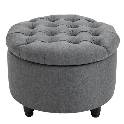 Buy HomCom Round Linen Fabric Storage Ottoman Footstool with Removable Lid Online at Lowest ...