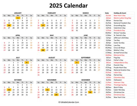 2025 Printable Calendar with Holidays