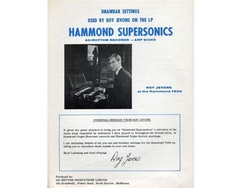 Drawbar Settings Used By Roy Jevons on The LP ''Hammond Supersonics'' - Recorded on Ad-Rhythm ...