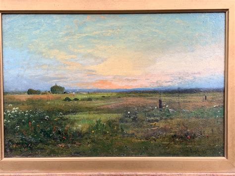 F de Brenah - French 19th century Impressionist sunset landscape, with wild flowers in a field ...