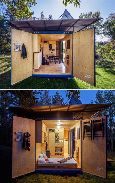 This Off-The-Grid Tiny House Made From A Small Shipping Container Is Filled With A Wood Interior