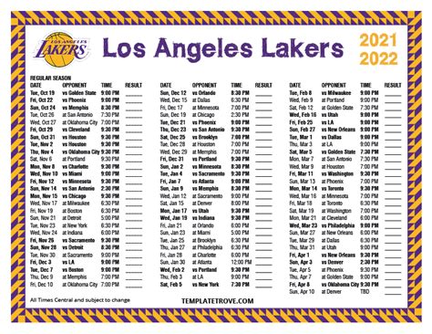 Printable 2021-2022 Los Angeles Lakers Schedule