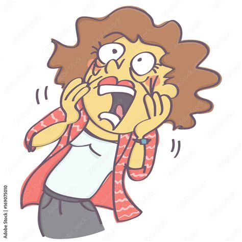 Funny vector cartoon of terrified woman screaming and pulling her face in horror, isolated on ...