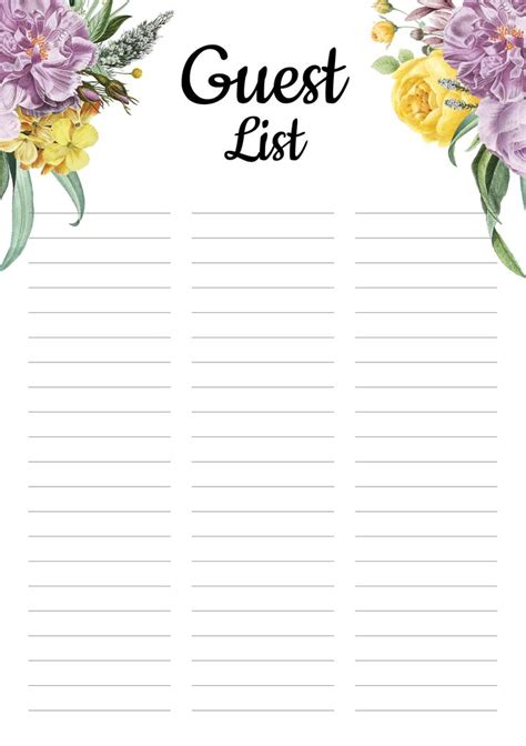 Printable Floral Guest List PDF Download | Wedding guest list template, Guest list template ...