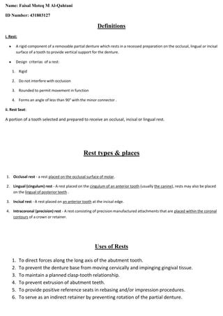 Tooth preparation for rest seats dental Removable Prosthodontics | PDF