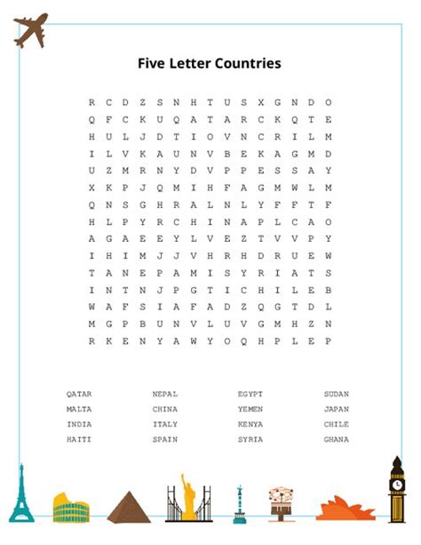 Five Letter Countries Word Search