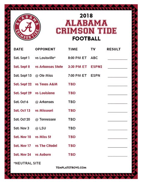 Printable 2018 Alabama Crimson Tide Football Schedule