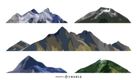 Set of mountain illustrations in different shapes and tones. Each illustration is isolated and ...