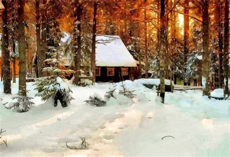 winter, Snow, Forest, Trees, House, Painting, Oil, On, Canvas Wallpapers HD / Desktop and Mobile ...