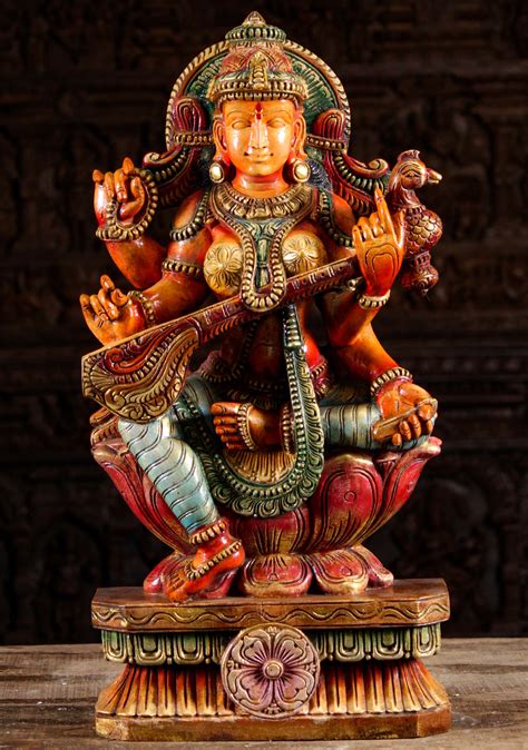 SOLD Wooden Hindu Goddess Saraswati Statue Hand Carved by the Artists of South India 30 ...