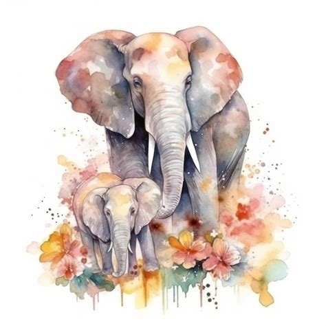 Premium AI Image | Watercolor illustration of a mother elephant with her baby elephant.