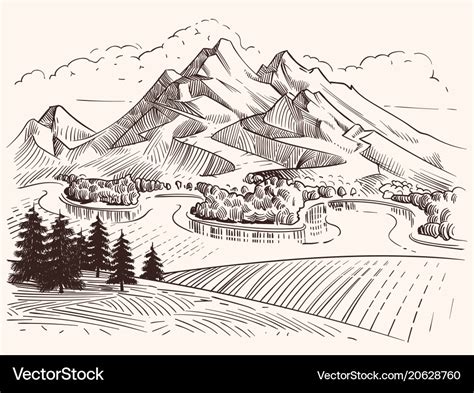 Pencil drawing mountain landscape cartoon sketch Vector Image